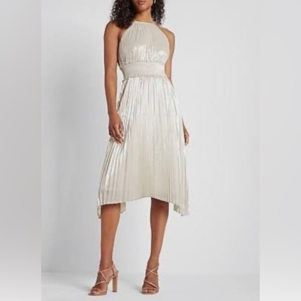 Express Metallic Pleated Halter Midi Dress